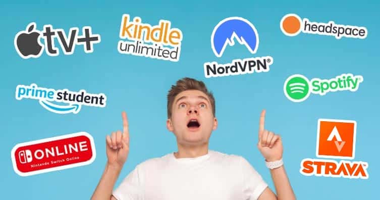 man surrounded with company logos offering free trials