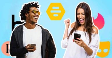 man and woman on phones with dating app logos