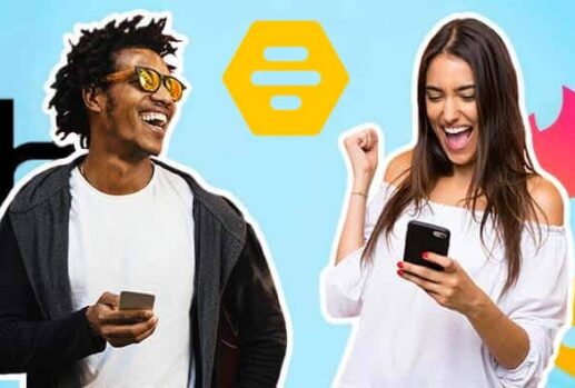 man and woman on phones with dating app logos