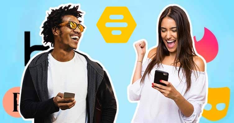 man and woman on phones with dating app logos