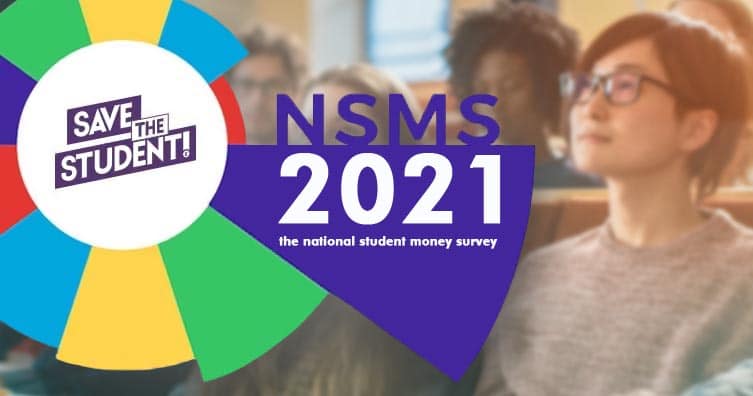 Students in lecture hall with a graph in the foreground with text saying 'NSMS 2021 the national student money survey'