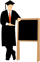 graduate pointing to board