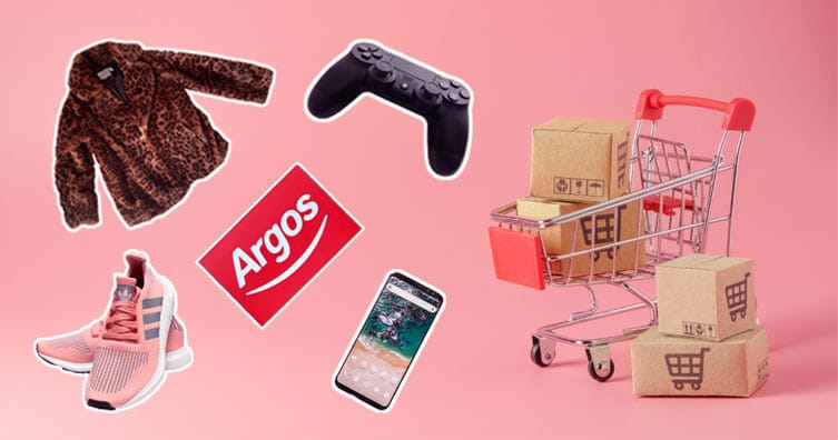 clothes, Argos symbol, phone and shopping trolley