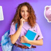 student with notebook, frying pan, piggy bank and washing machine