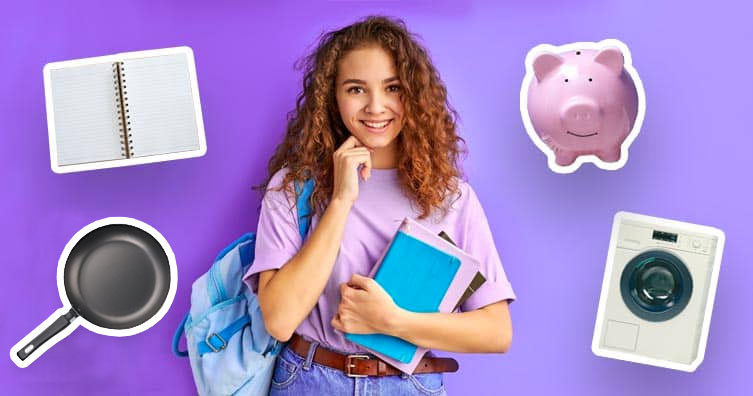 student with notebook, frying pan, piggy bank and washing machine