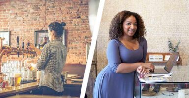 barista and woman stood next to laptop