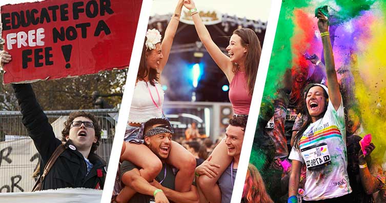 a student with a protesting sign, four people at a festival, and a runner at the colour run