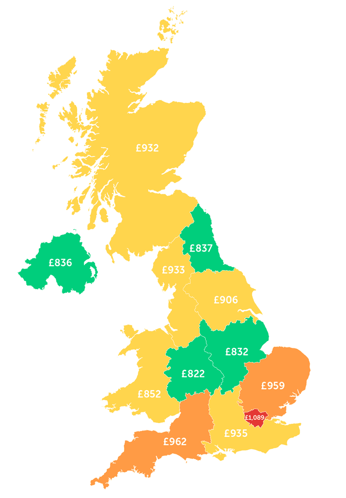 Infographic showing living costs in each part of the UK