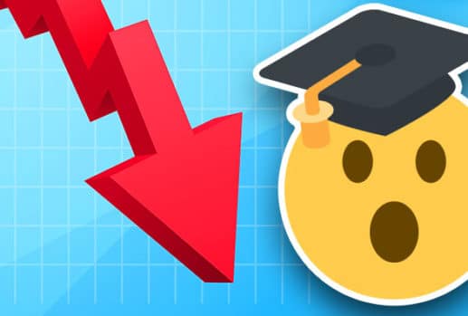 Down-pointing arrow and shocked emoji with graduation cap