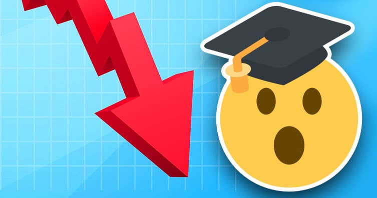 Down-pointing arrow and shocked emoji with graduation cap