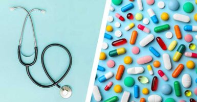 stethoscope and colourful pills