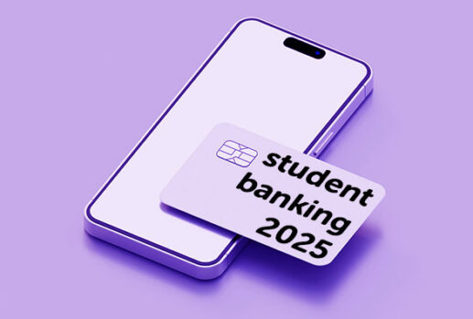 Mobile phone and bank card with 'student banking 2025' text