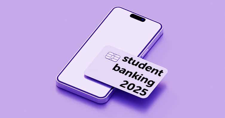Mobile phone and bank card with 'student banking 2025' text