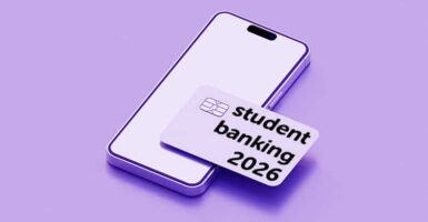 Mobile phone and bank card with 'student banking 2026' text