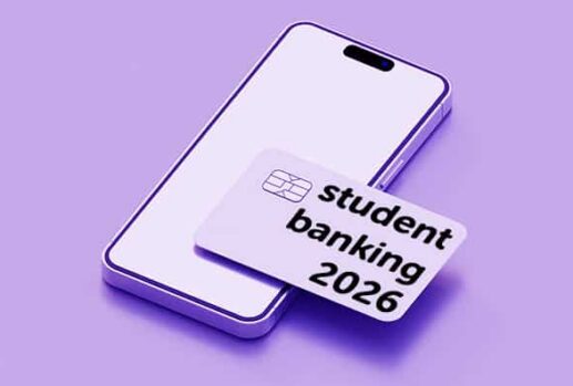 Mobile phone and bank card with 'student banking 2026' text