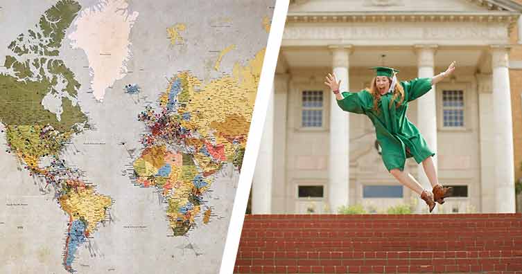 Map and graduate jumping in the air