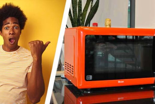 Shocked man and orange microwave