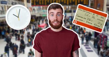 Man at train station with clock and ticket