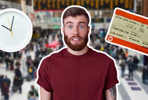 Man at train station with clock and ticket