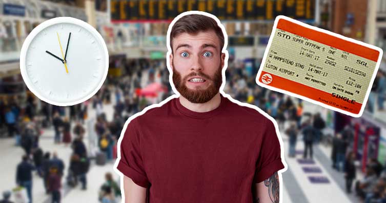 Man at train station with clock and ticket