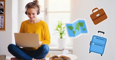 woman with laptop, map, suitcase and briefcase