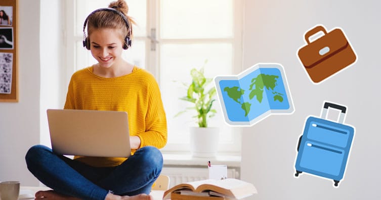 woman with laptop, map, bag and suitcase