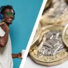 young man with shopping bags and a close up of pound coins