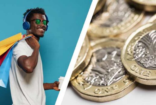 young man with shopping bags and a close up of pound coins