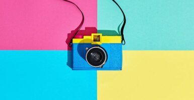 camera against squares of colour