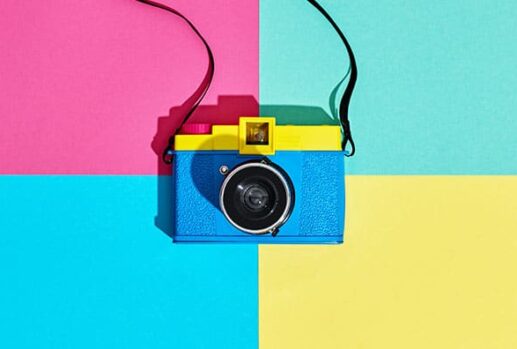 camera against squares of colour