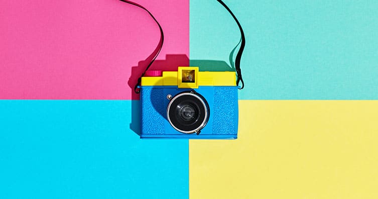 camera against squares of colour