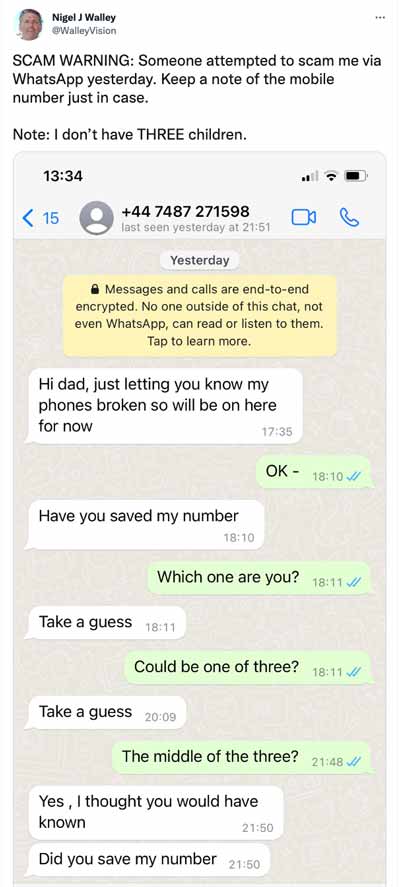 tweet about whatsapp scam