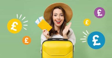 woman holding airplane tickets and a suitcase