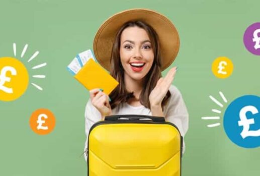 woman holding airplane tickets and a suitcase