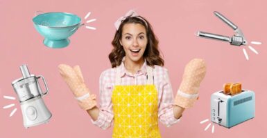 woman with apron and kitchen appliances