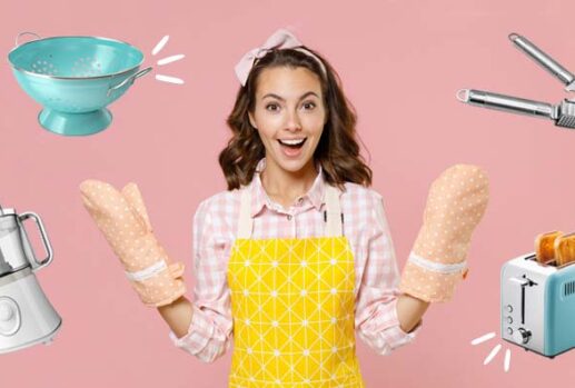 woman with apron and kitchen appliances