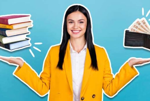 woman holding stacked books and wallet with money