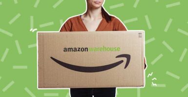 woman holding cardboard box with amazon logo on green background sprinkles