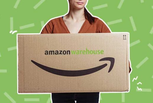 woman holding cardboard box with amazon logo on green background sprinkles