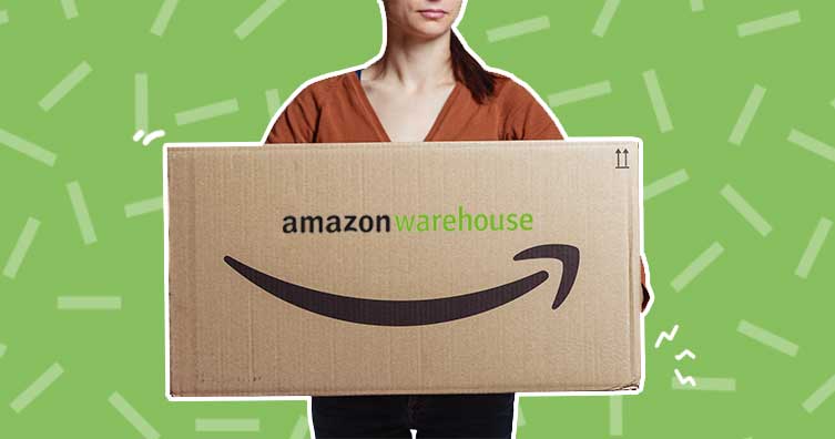 woman holding Amazon box