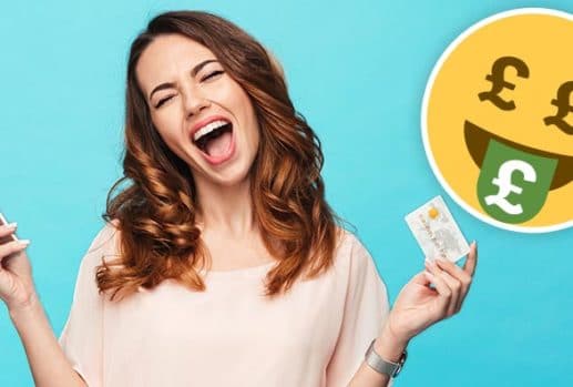 happy woman with phone and bank card with smiling money emoji