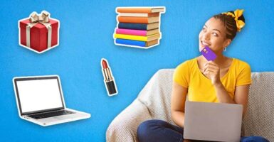 woman holding card with books, lipstick, laptop and a gift