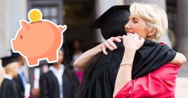 woman hugging daughter with piggy bank symbol