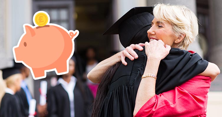 woman hugging daughter with piggy bank symbol