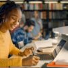 Woman studying in library