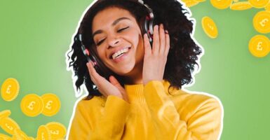 woman listening to music with pounds falling in background