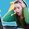 woman shocked on laptop with money bag emojis