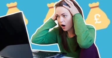 woman shocked on laptop with money bag emojis