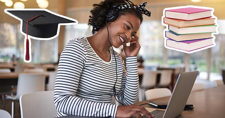 woman studying with graduate cap and books symbols