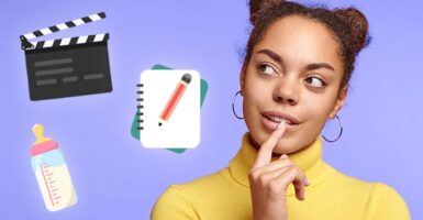 Woman thinking next to a movie clapperboard, baby bottle and notebook and pencil